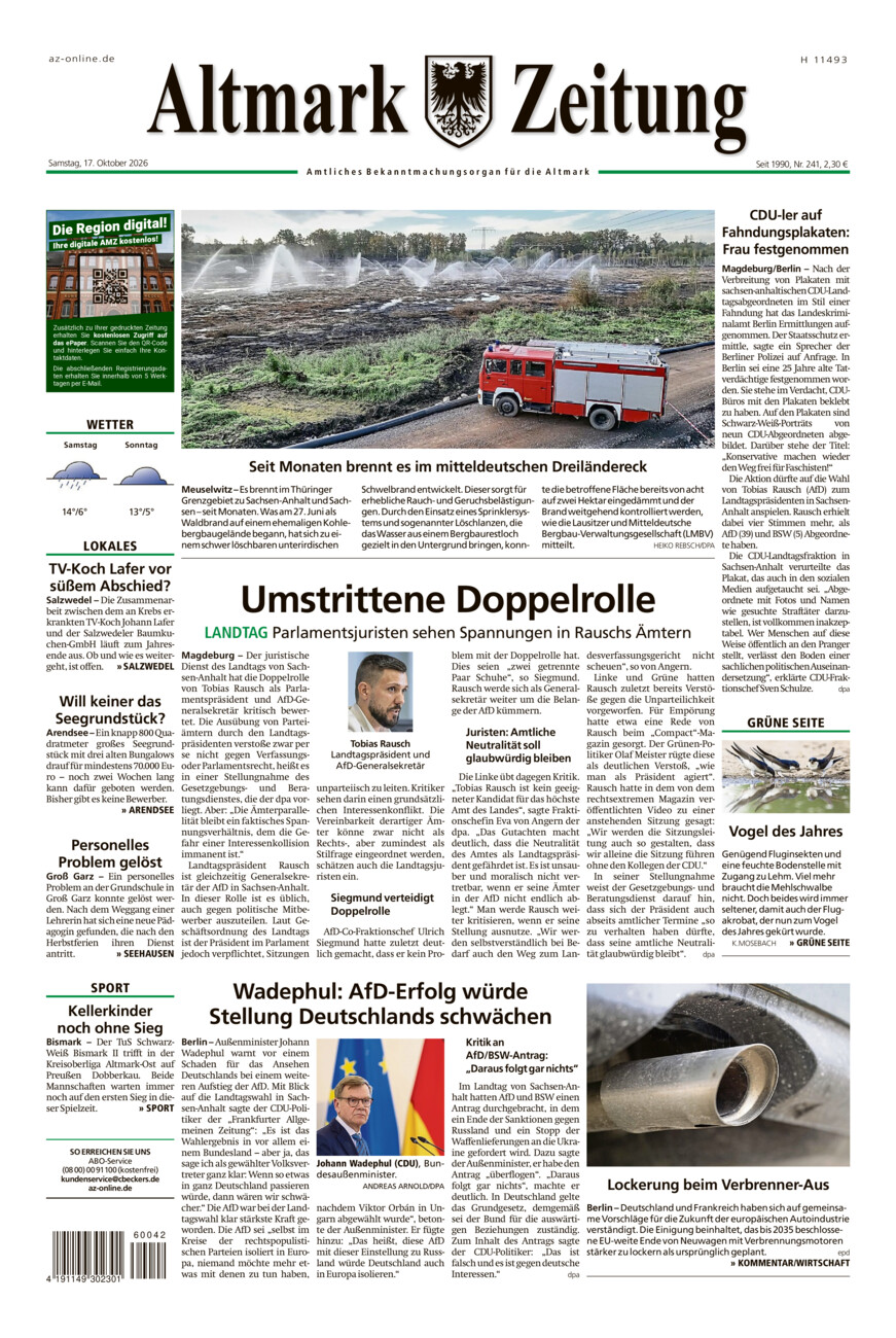 Altmark Zeitung vom Samstag, 17.10.2026