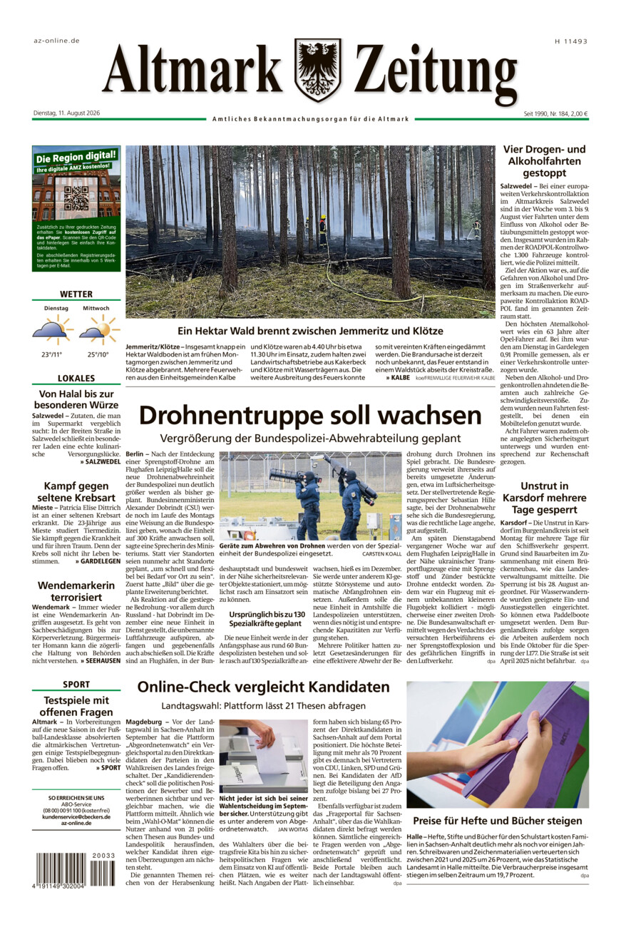 Altmark Zeitung vom Dienstag, 11.08.2026