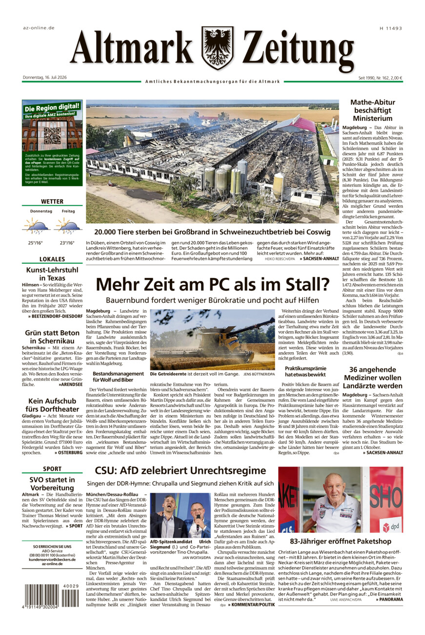 Altmark Zeitung vom Donnerstag, 16.07.2026