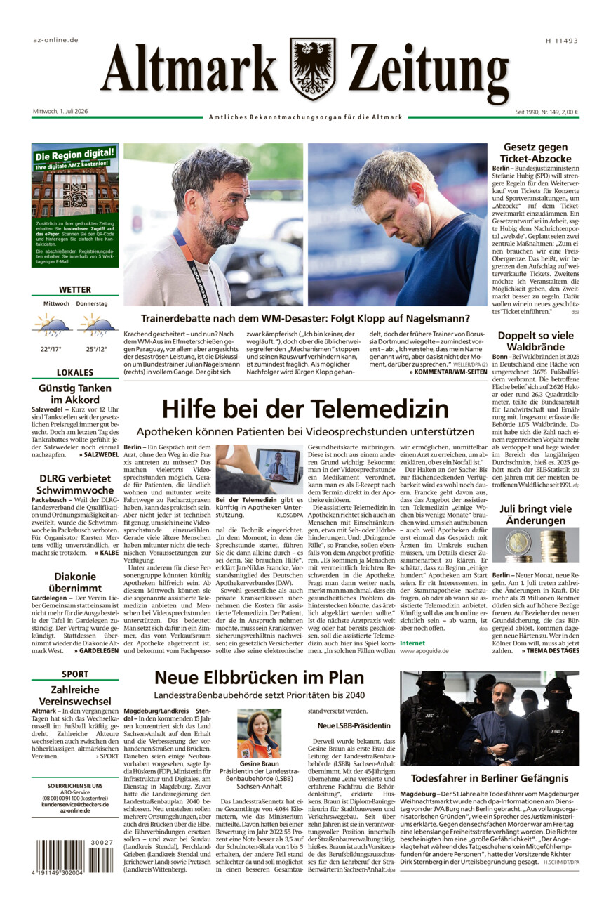 Altmark Zeitung vom Mittwoch, 01.07.2026