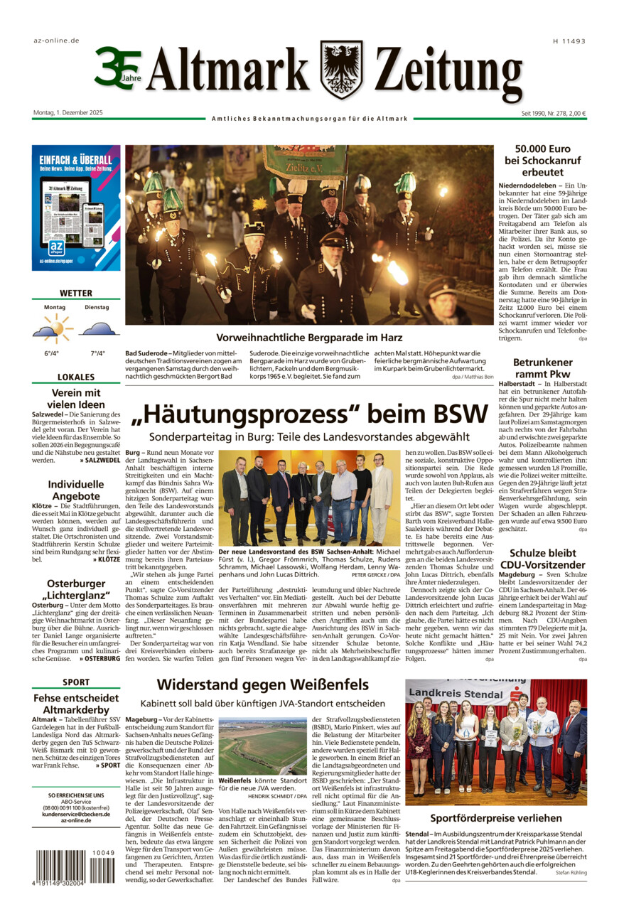 Altmark Zeitung vom Montag, 01.12.2025
