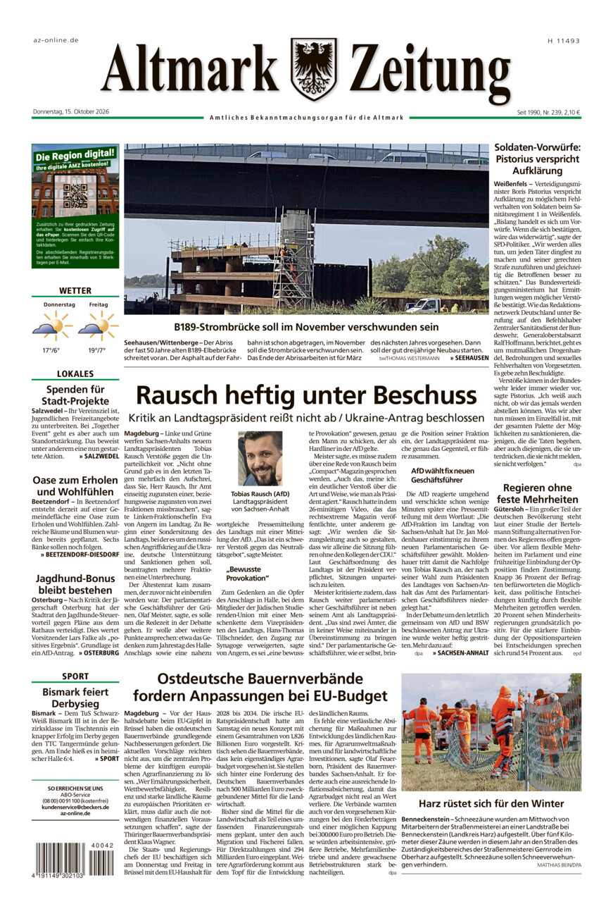 Altmark Zeitung vom Donnerstag, 15.10.2026
