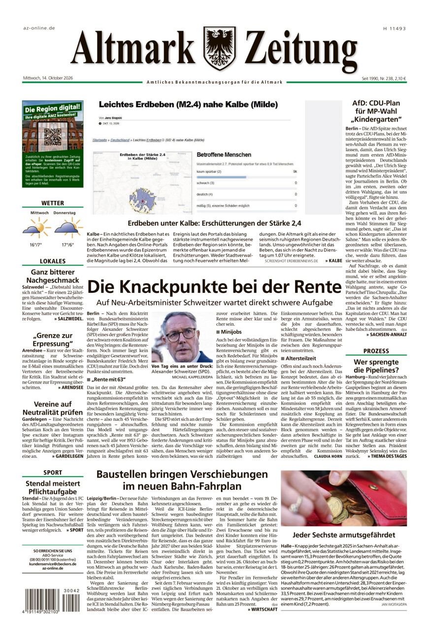 Altmark Zeitung vom Mittwoch, 14.10.2026