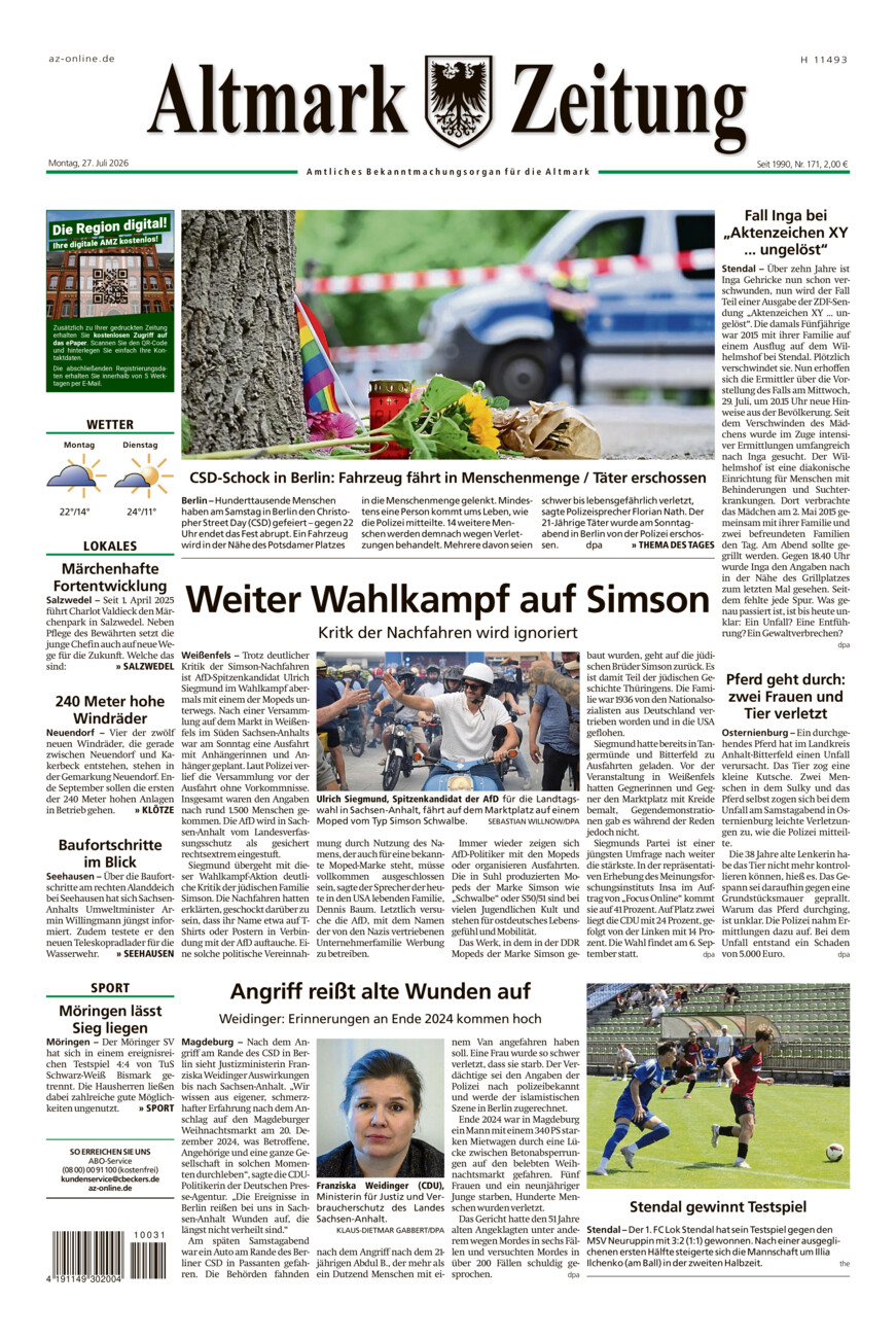 Altmark Zeitung vom Montag, 27.07.2026