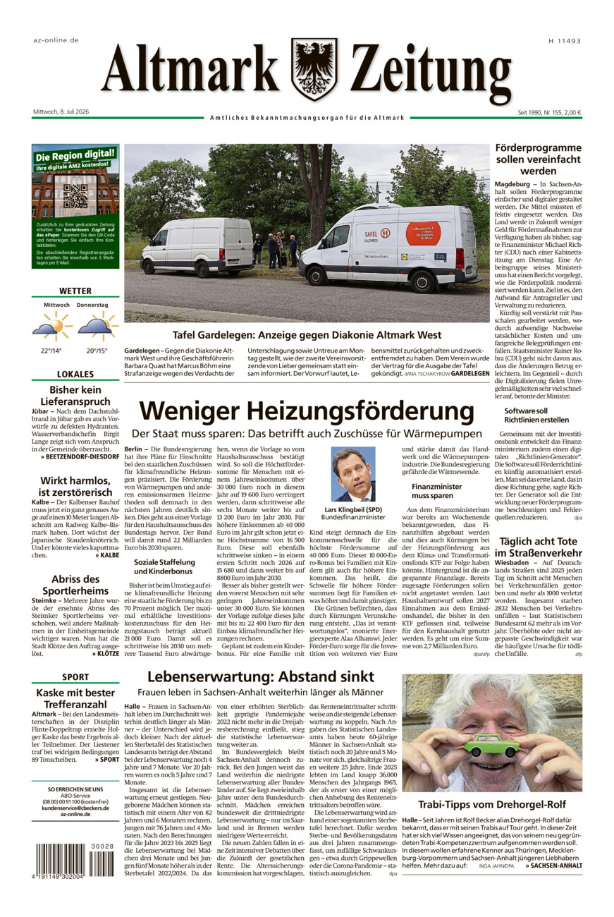 Altmark Zeitung vom Mittwoch, 08.07.2026