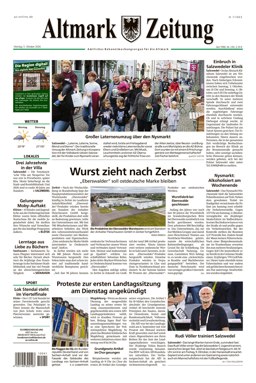 Altmark Zeitung vom Montag, 05.10.2026
