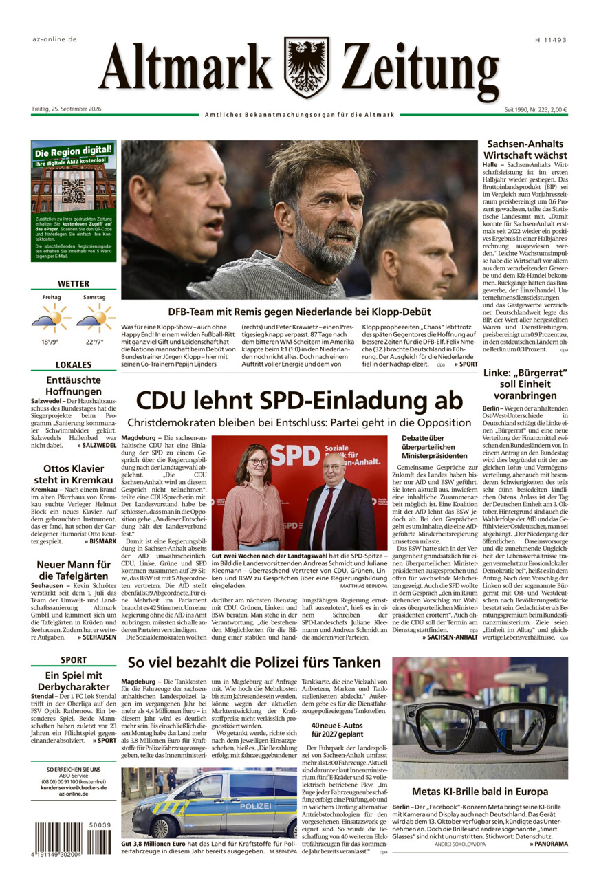 Altmark Zeitung vom Freitag, 25.09.2026