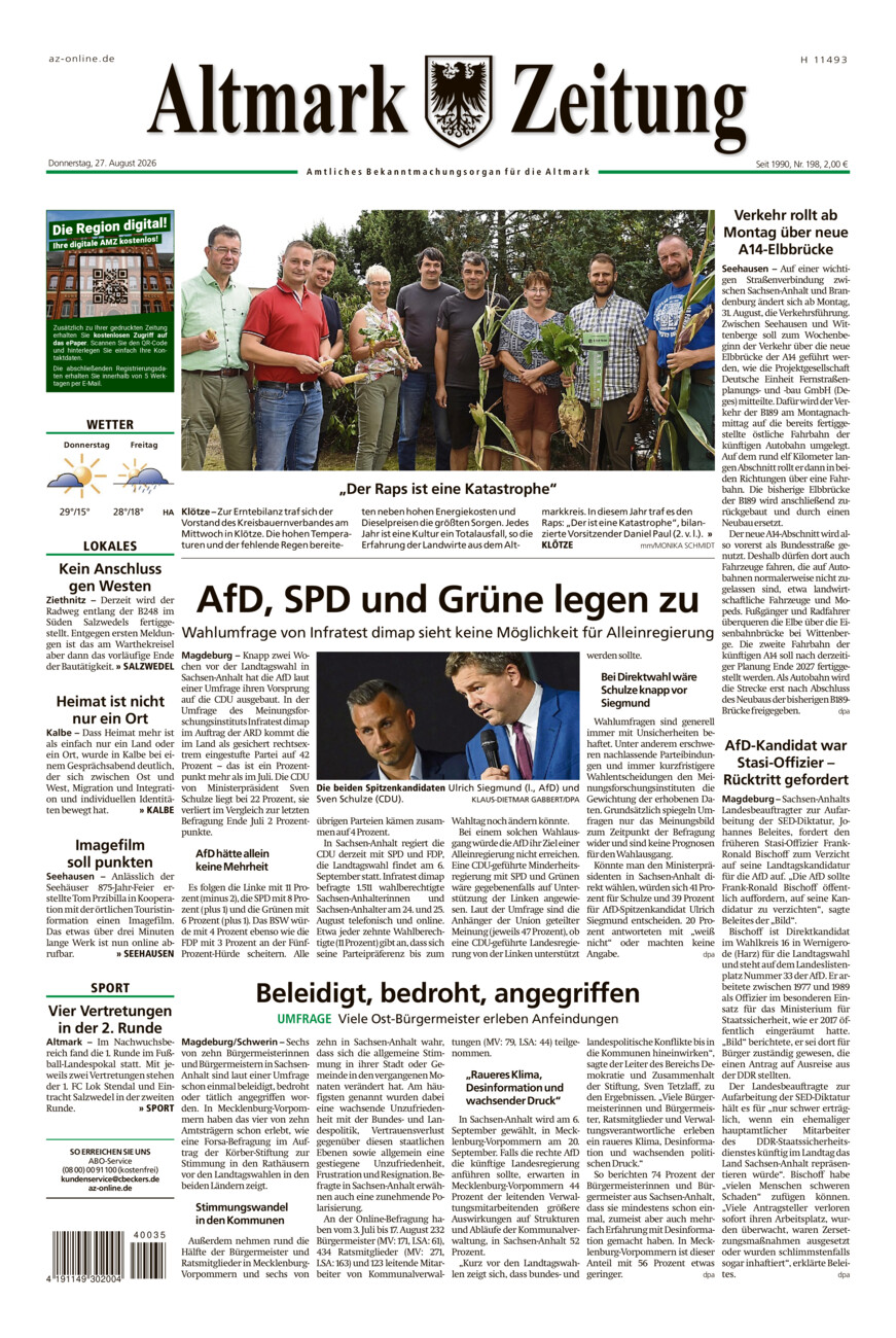 Altmark Zeitung vom Donnerstag, 27.08.2026