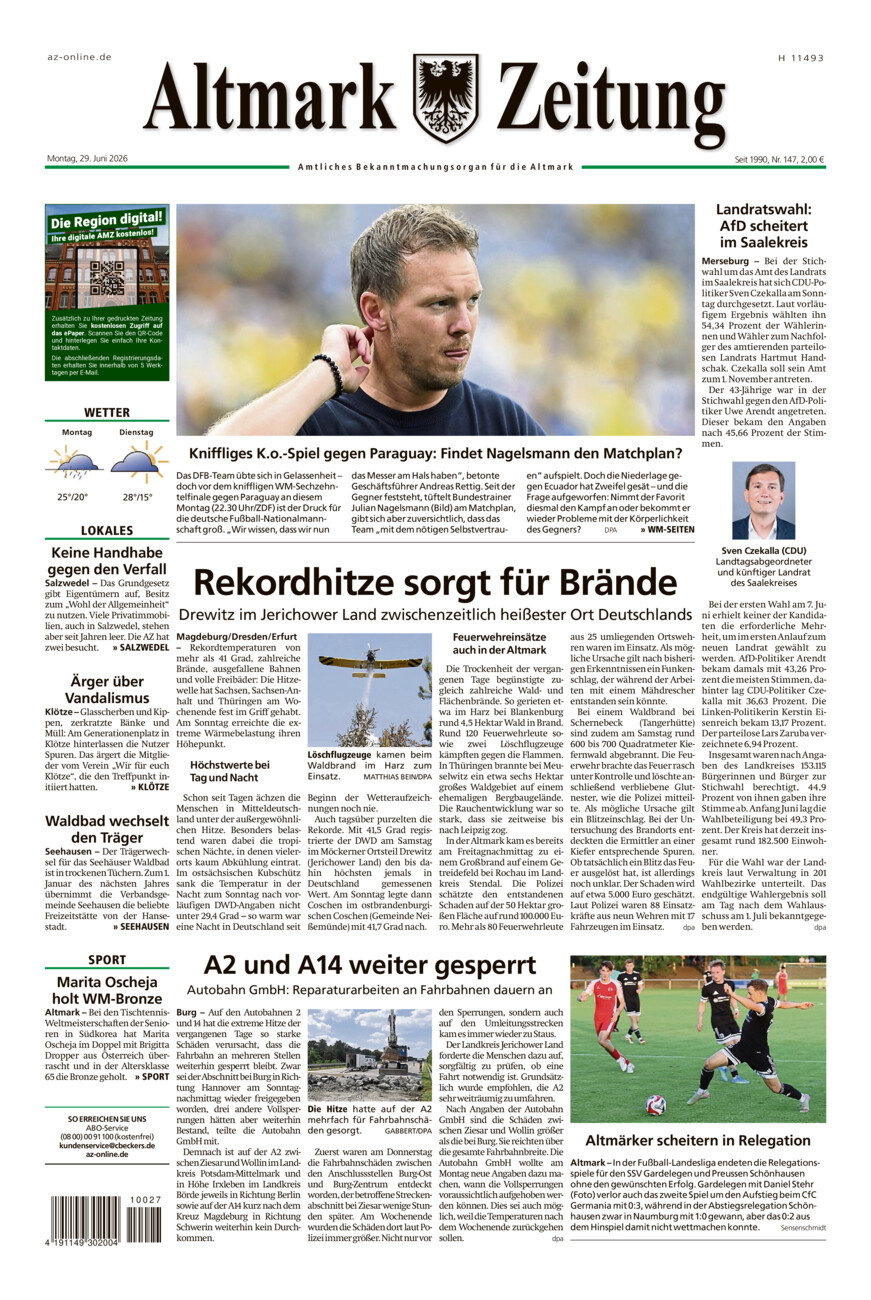 Altmark Zeitung vom Montag, 29.06.2026