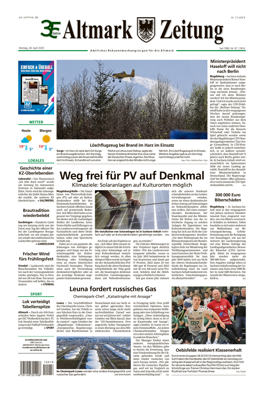 Altmark Zeitung vom Montag, 28.04.2025