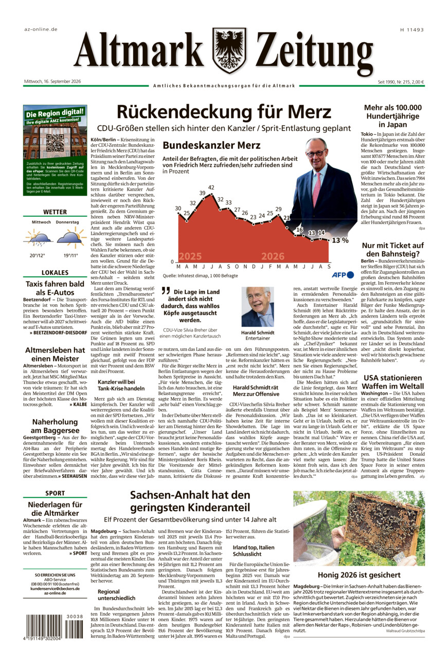 Altmark Zeitung vom Mittwoch, 16.09.2026