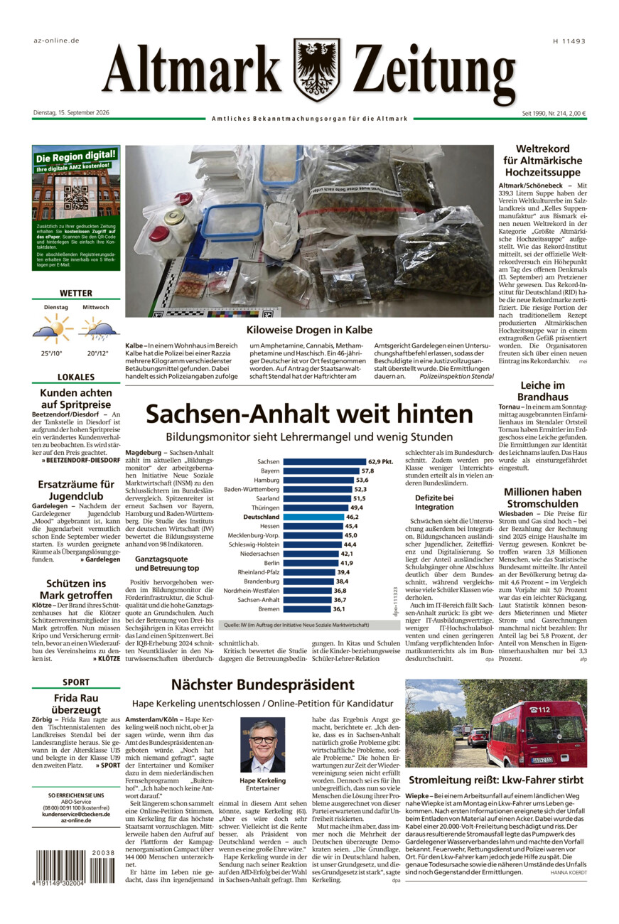 Altmark Zeitung vom Dienstag, 15.09.2026
