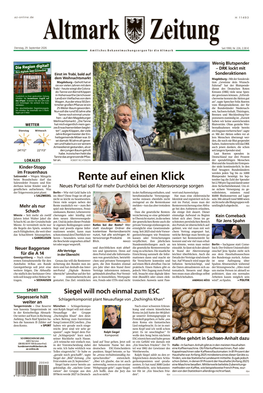 Altmark Zeitung vom Dienstag, 29.09.2026
