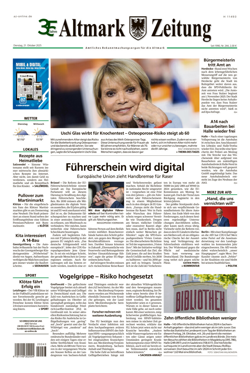Altmark Zeitung vom Dienstag, 21.10.2025