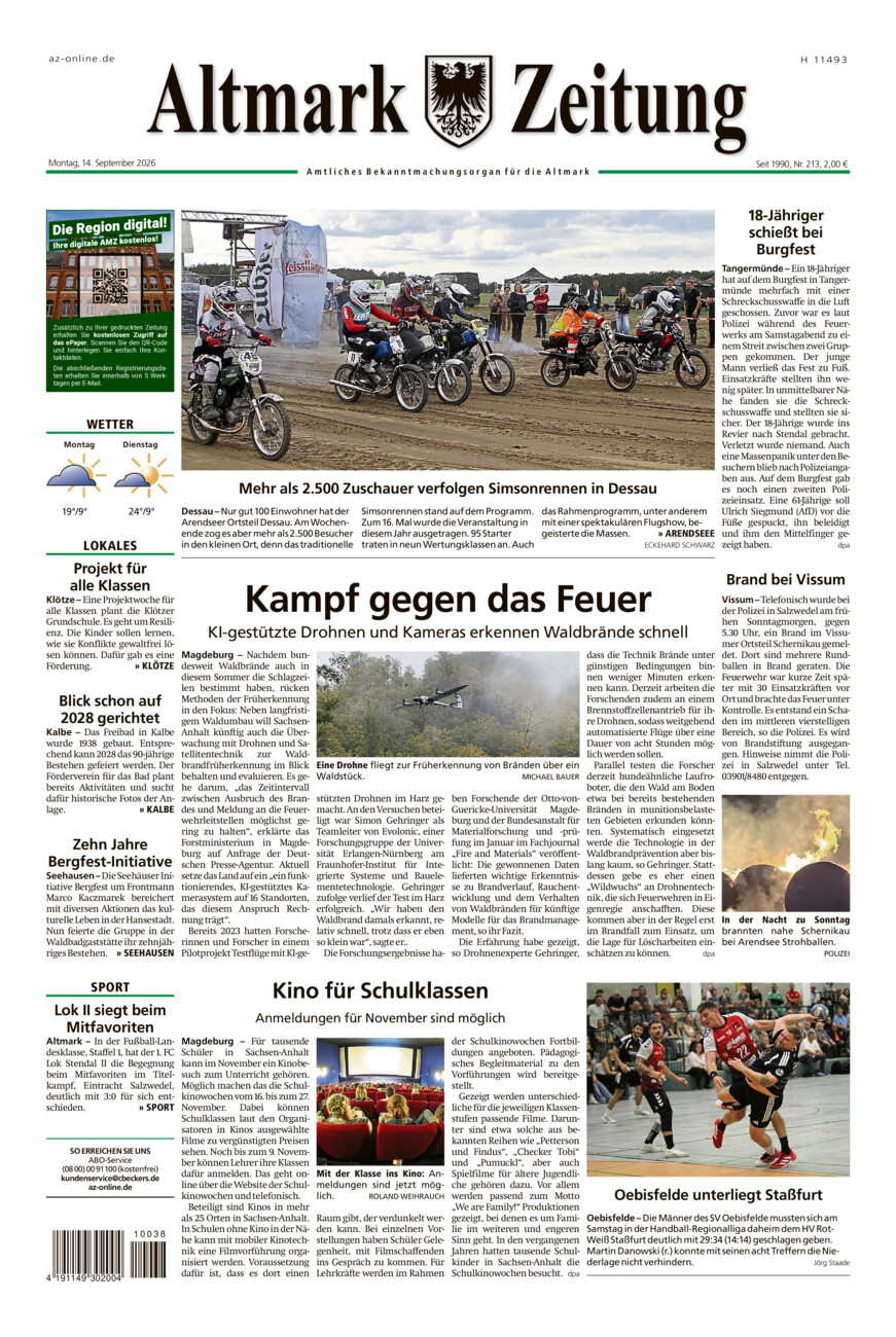 Altmark Zeitung vom Montag, 14.09.2026
