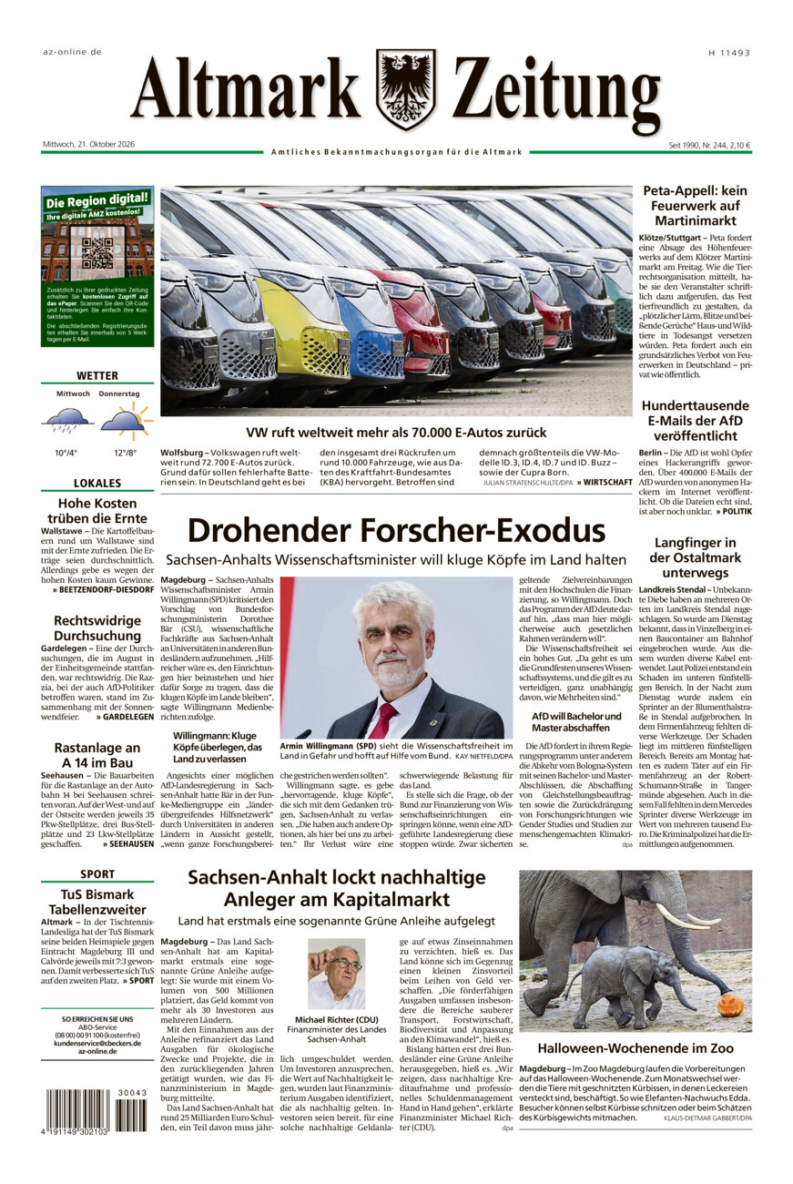 Altmark Zeitung vom Mittwoch, 21.10.2026
