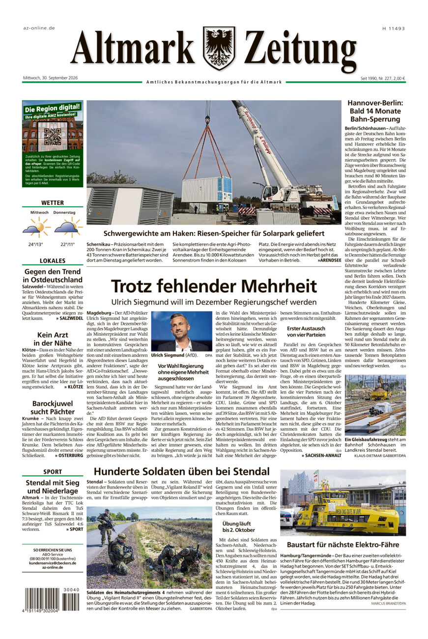 Altmark Zeitung vom Mittwoch, 30.09.2026