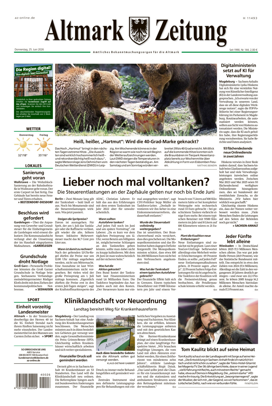 Altmark Zeitung vom Donnerstag, 25.06.2026