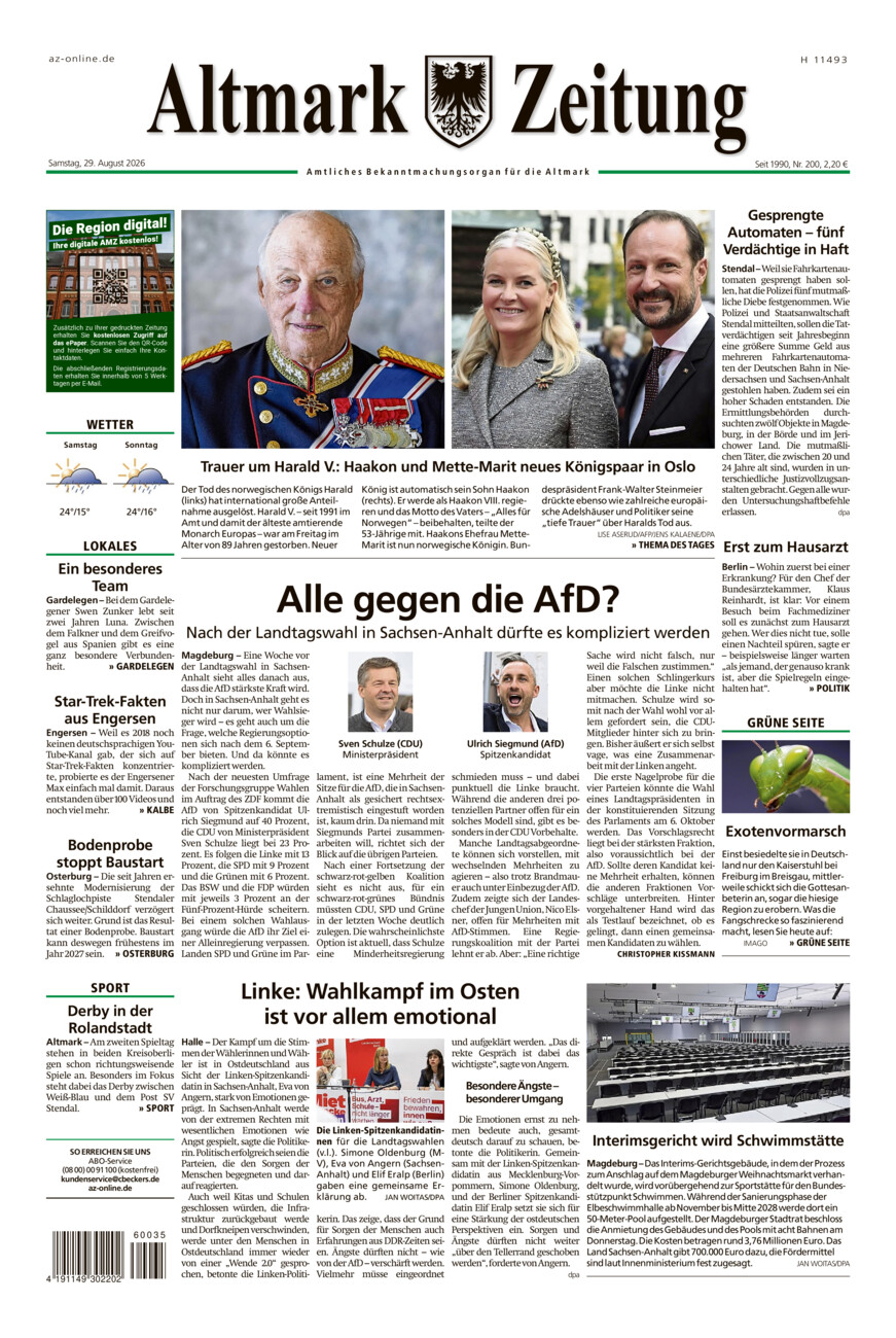 Altmark Zeitung vom Samstag, 29.08.2026