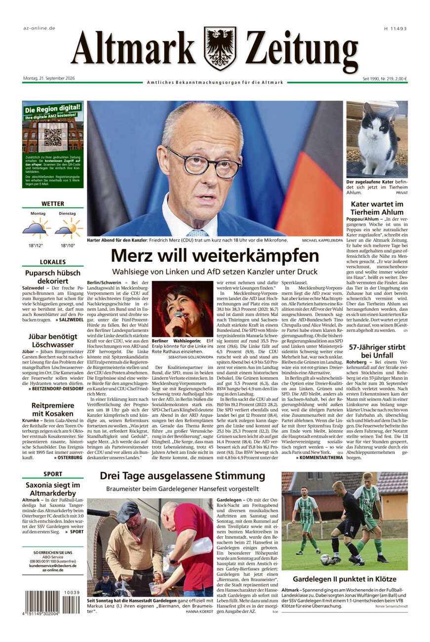 Altmark Zeitung vom Montag, 21.09.2026