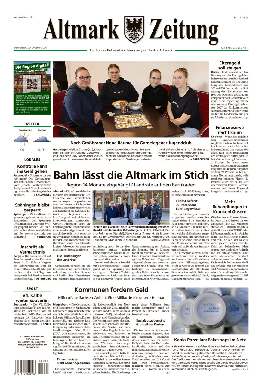 Altmark Zeitung vom Donnerstag, 29.10.2026