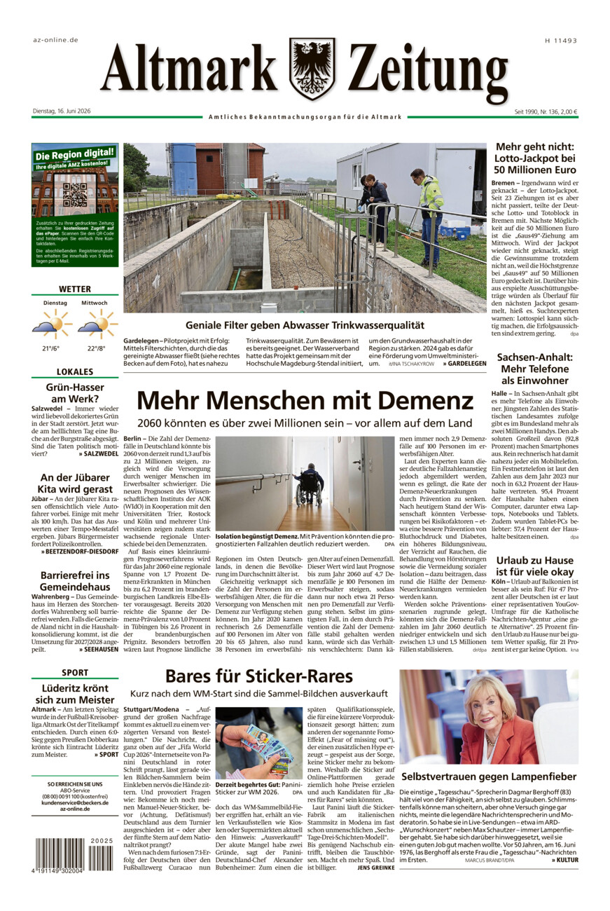 Altmark Zeitung vom Dienstag, 16.06.2026