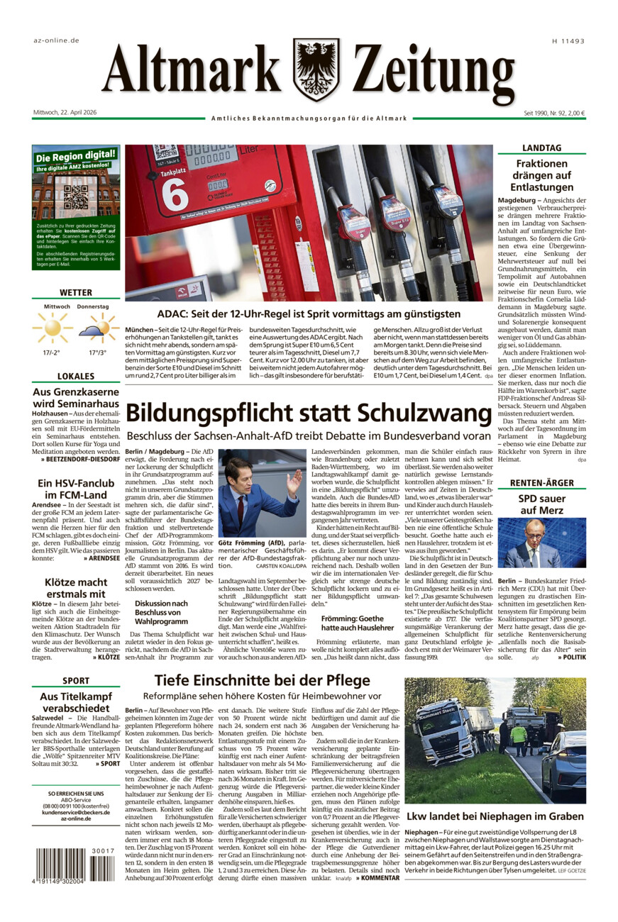 Altmark Zeitung vom Mittwoch, 22.04.2026