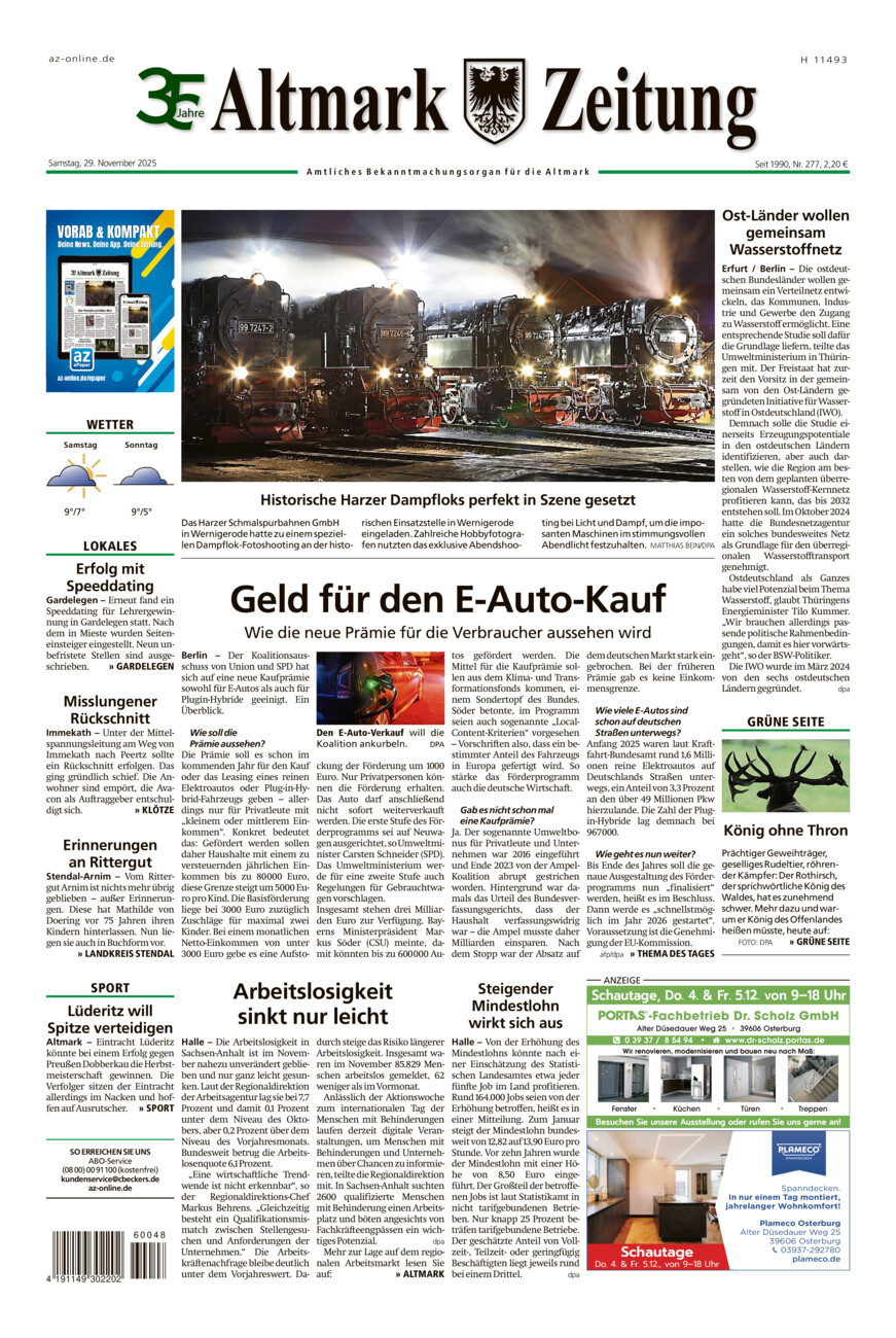 Altmark Zeitung vom Samstag, 29.11.2025