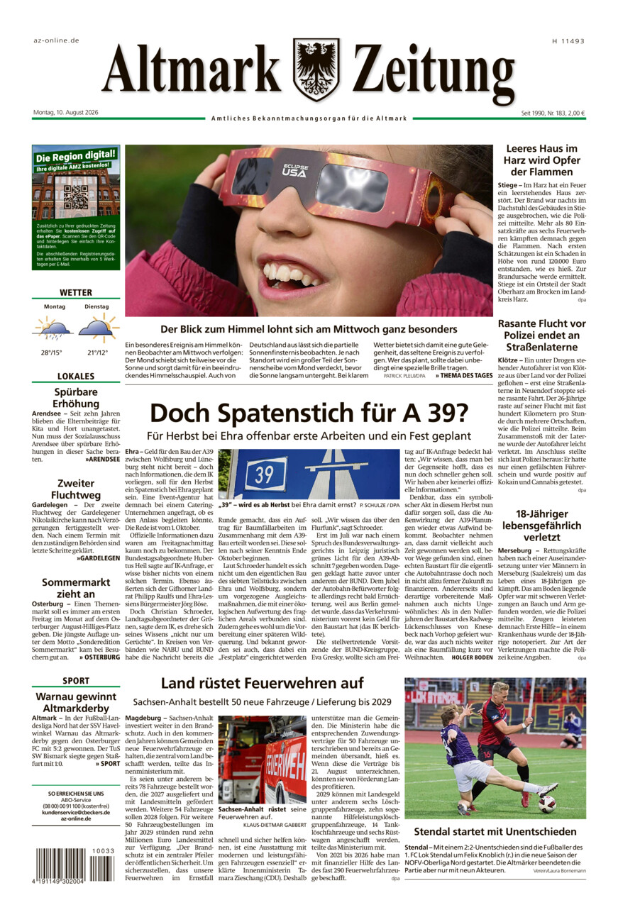Altmark Zeitung vom Montag, 10.08.2026