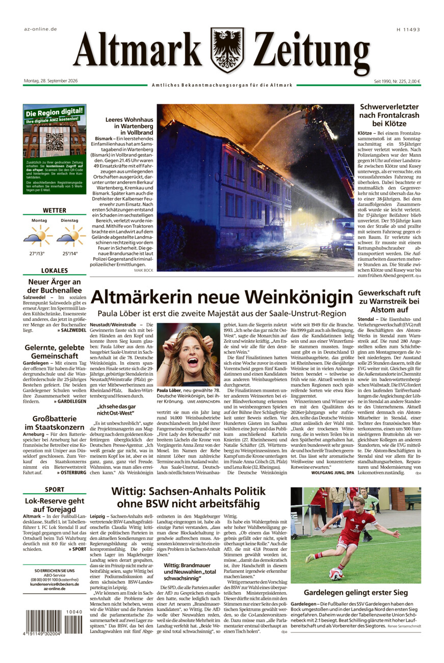 Altmark Zeitung vom Montag, 28.09.2026
