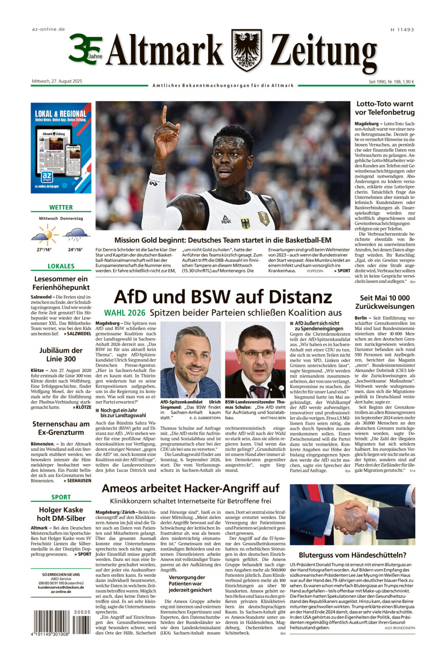 Altmark Zeitung vom Mittwoch, 27.08.2025
