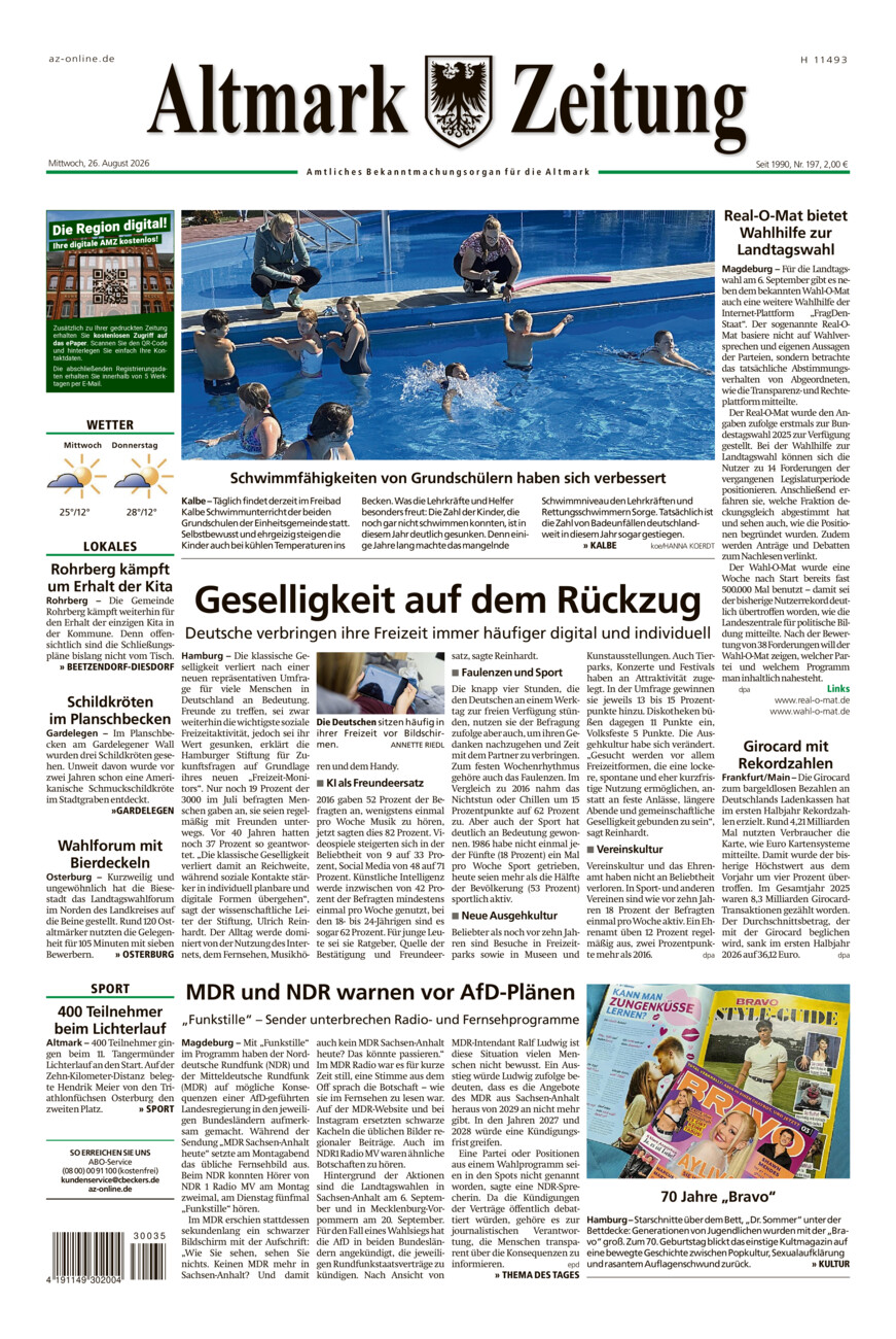 Altmark Zeitung vom Mittwoch, 26.08.2026