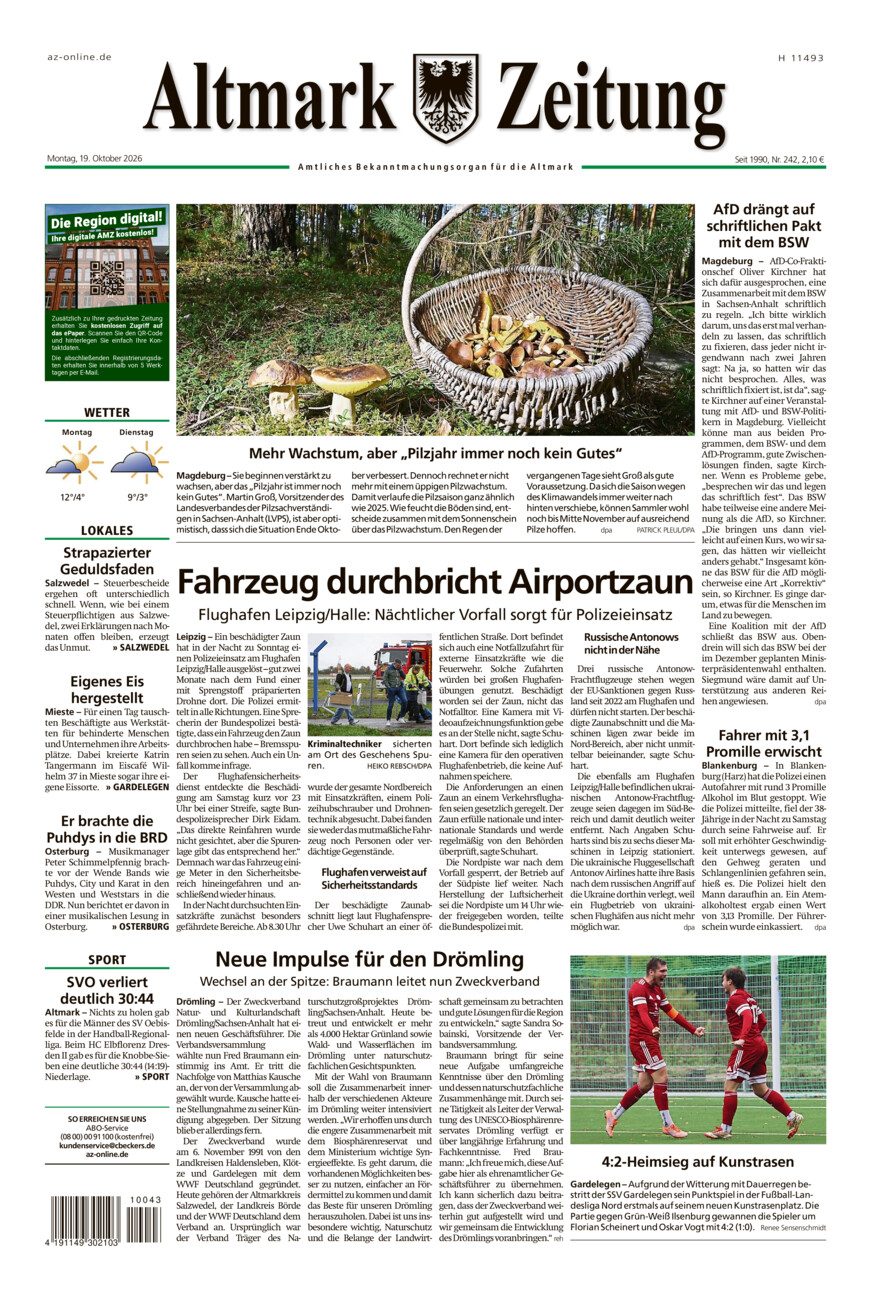 Altmark Zeitung vom Montag, 19.10.2026