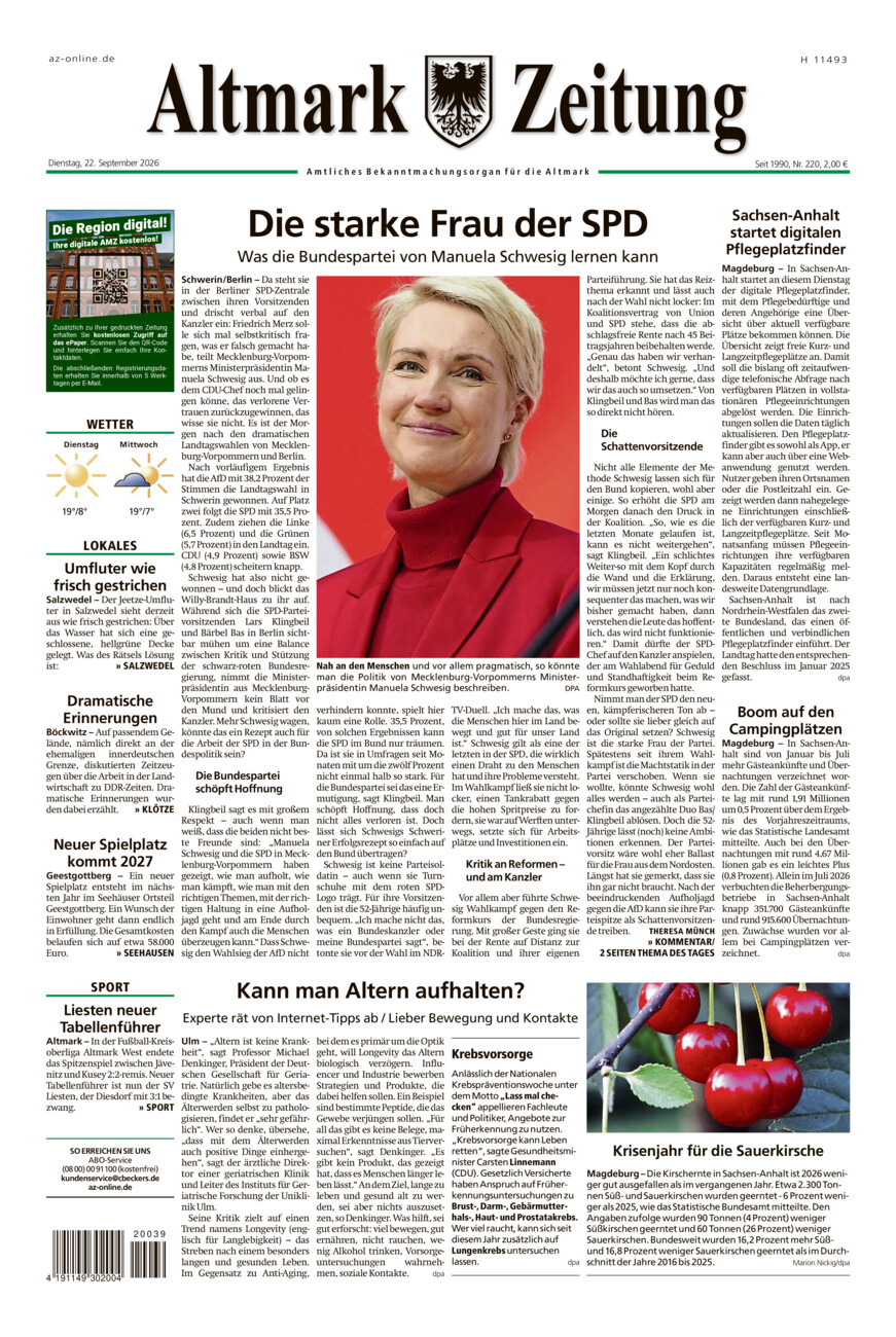 Altmark Zeitung vom Dienstag, 22.09.2026