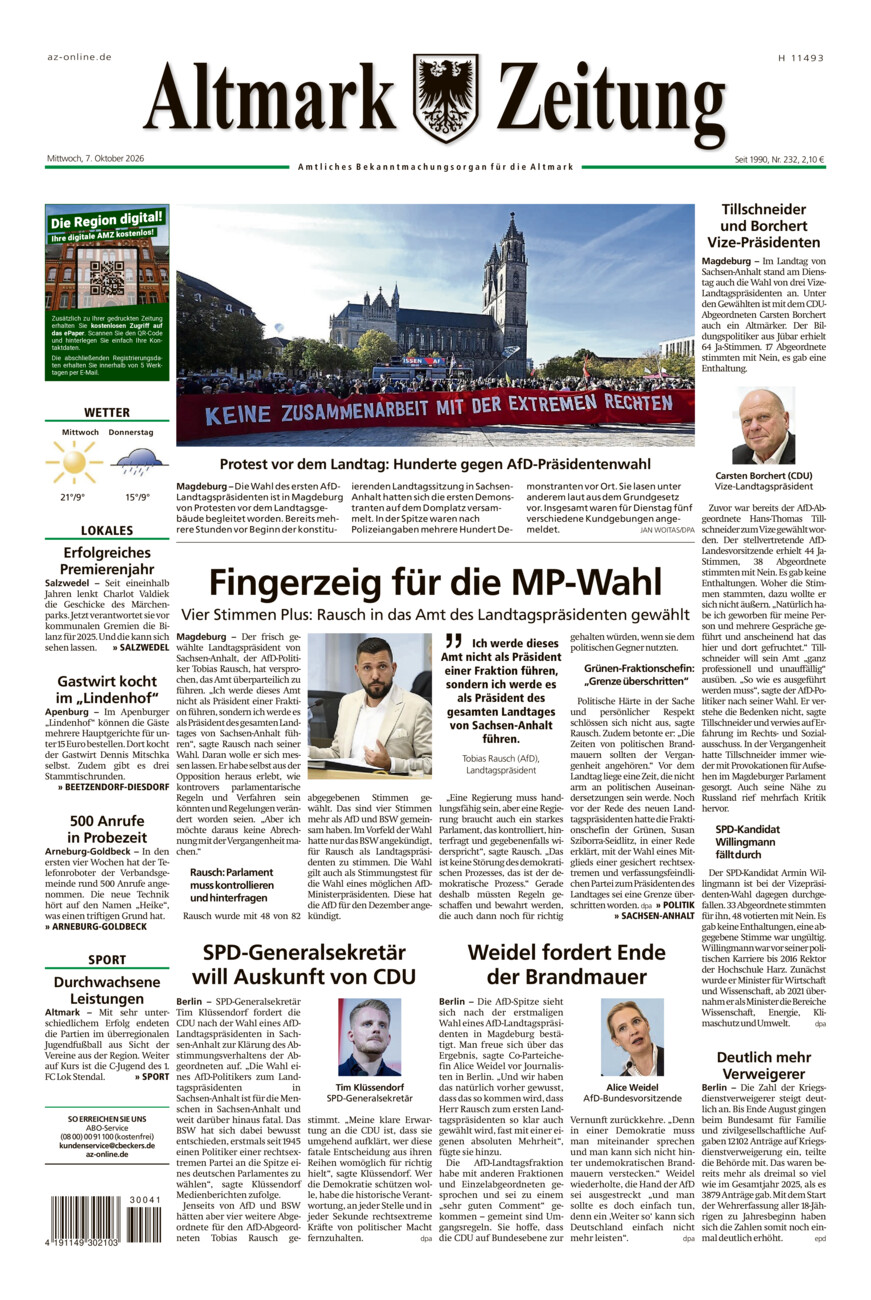 Altmark Zeitung vom Mittwoch, 07.10.2026