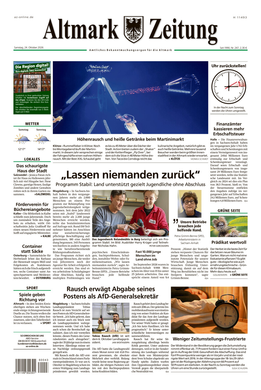 Altmark Zeitung vom Samstag, 24.10.2026