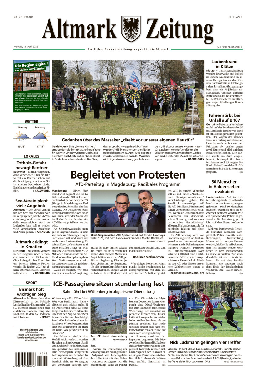 Altmark Zeitung vom Montag, 13.04.2026