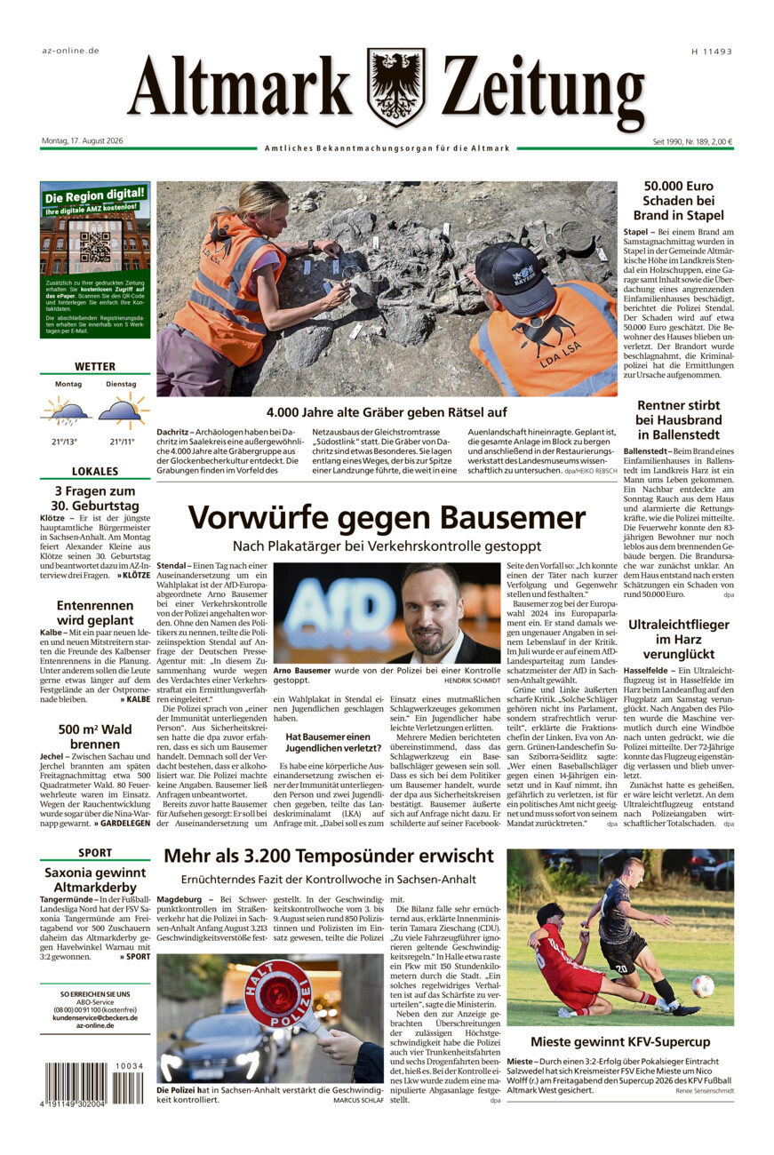 Altmark Zeitung vom Montag, 17.08.2026
