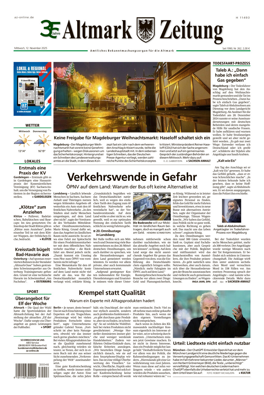 Altmark Zeitung vom Mittwoch, 12.11.2025