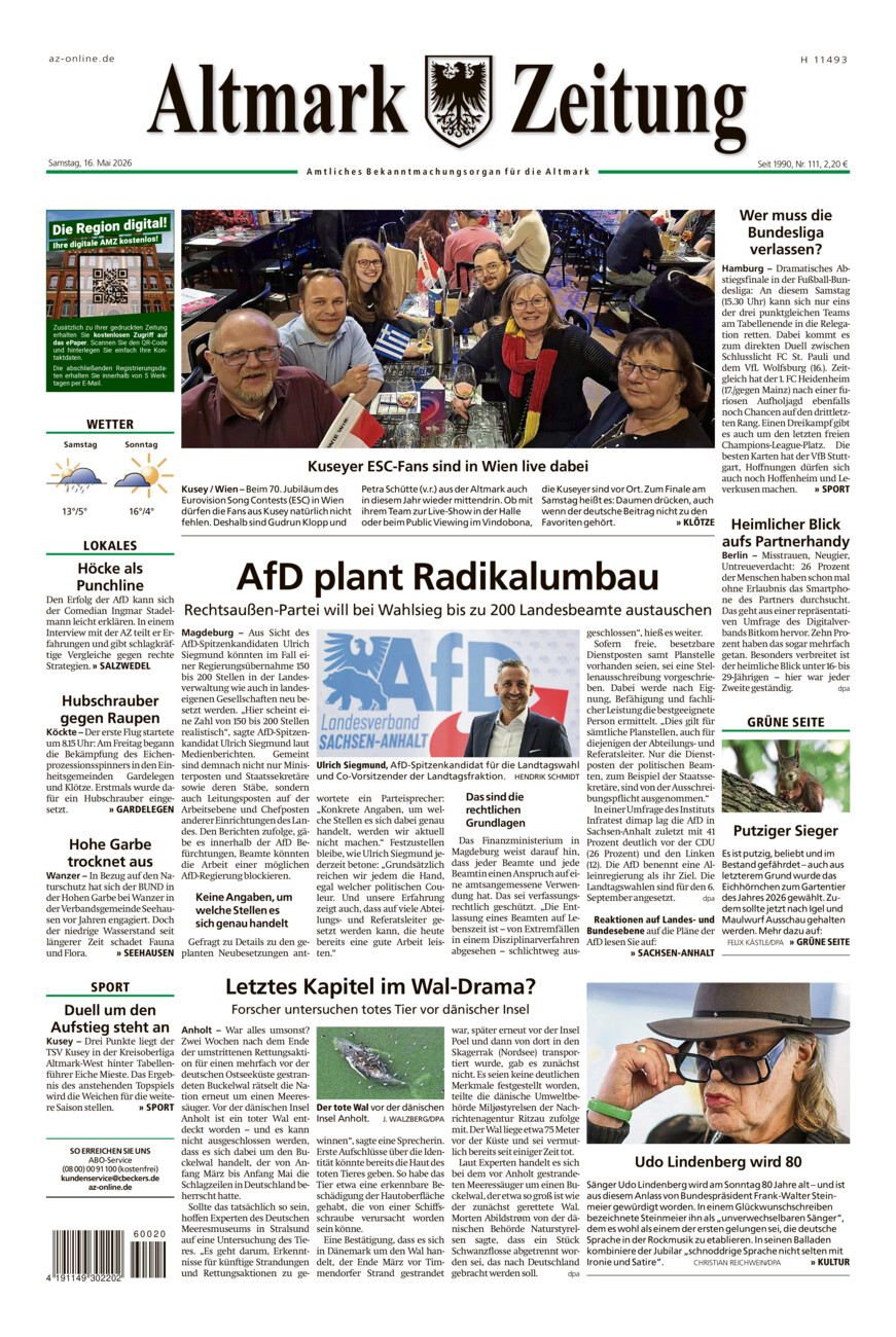 Altmark Zeitung vom Samstag, 16.05.2026