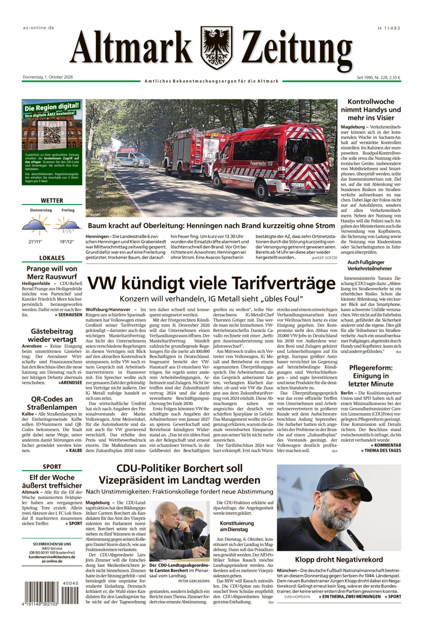 Altmark Zeitung vom Donnerstag, 01.10.2026
