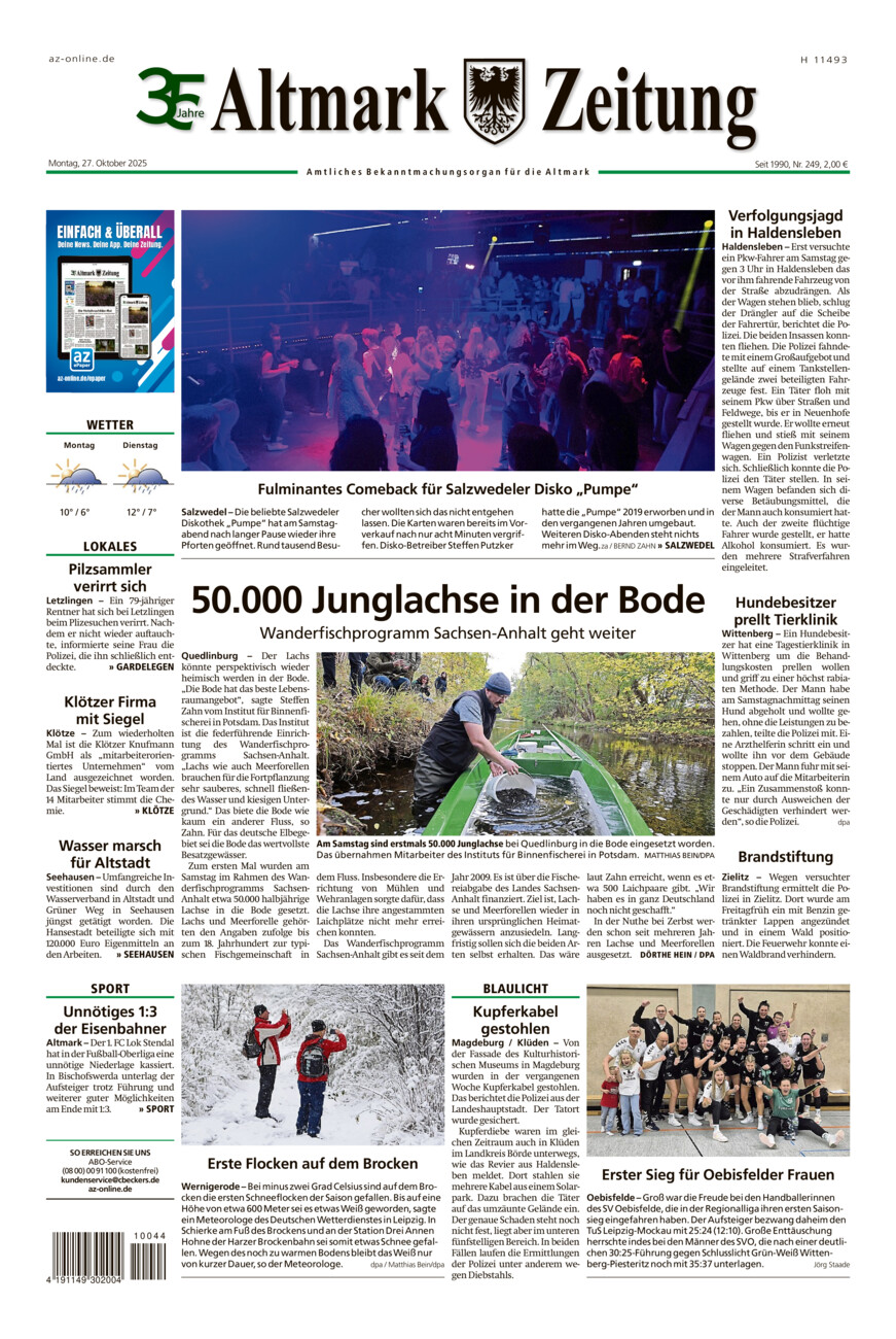 Altmark Zeitung vom Montag, 27.10.2025