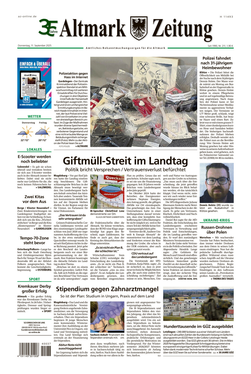 Altmark Zeitung vom Donnerstag, 11.09.2025