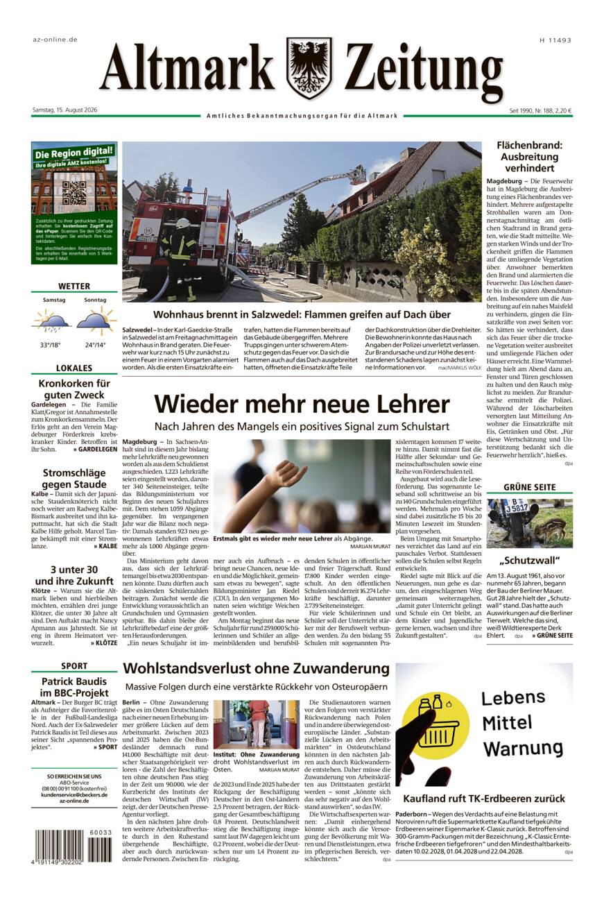 Altmark Zeitung vom Samstag, 15.08.2026