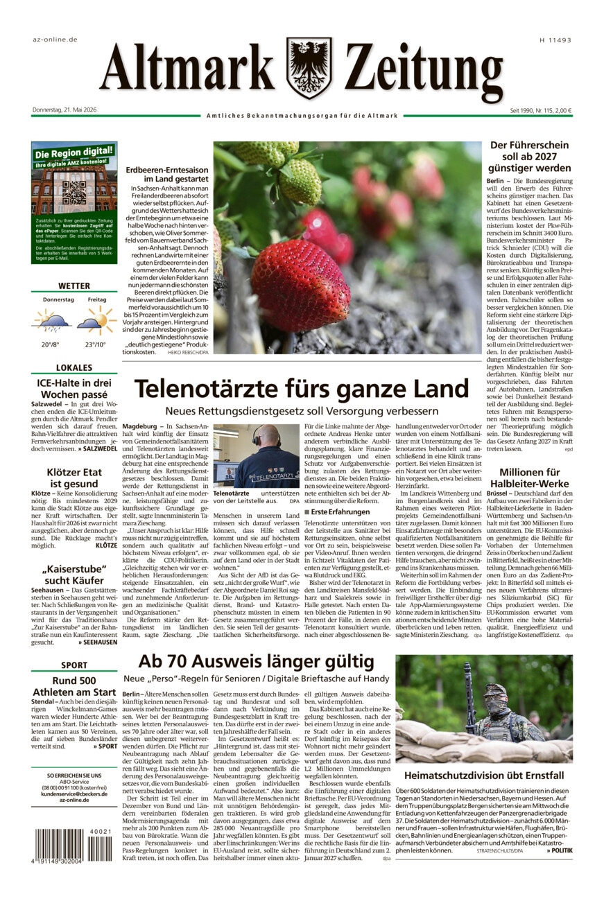 Altmark Zeitung vom Donnerstag, 21.05.2026