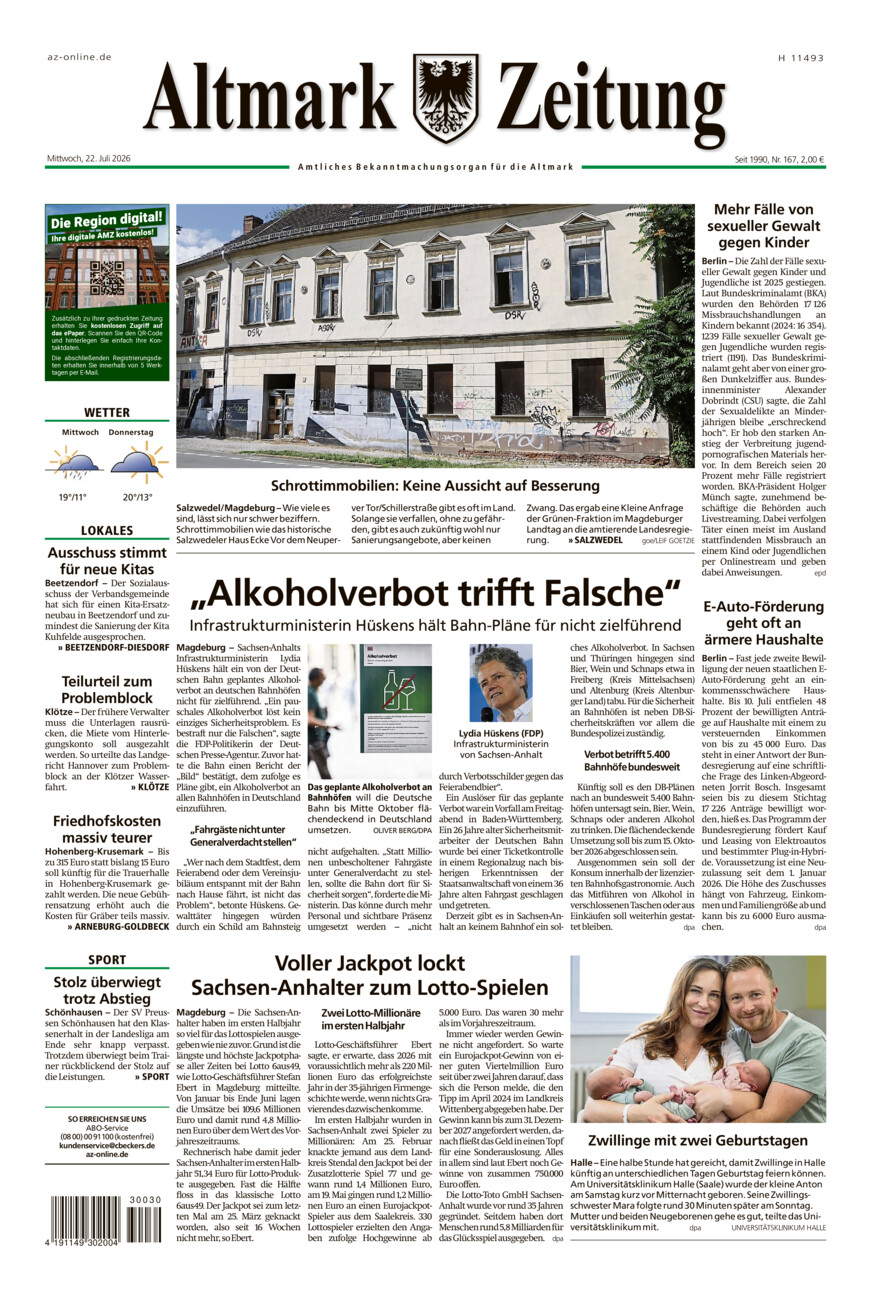 Altmark Zeitung vom Mittwoch, 22.07.2026