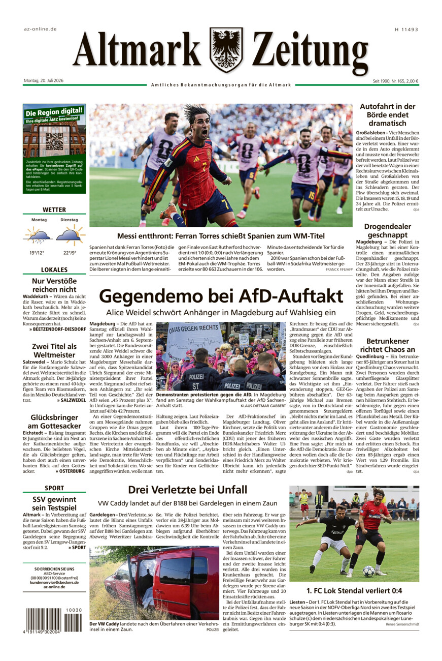Altmark Zeitung vom Montag, 20.07.2026