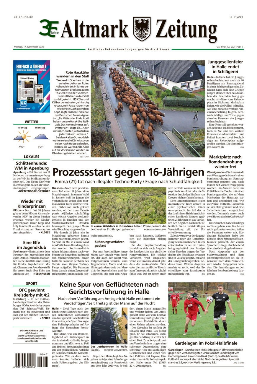 Altmark Zeitung vom Montag, 17.11.2025