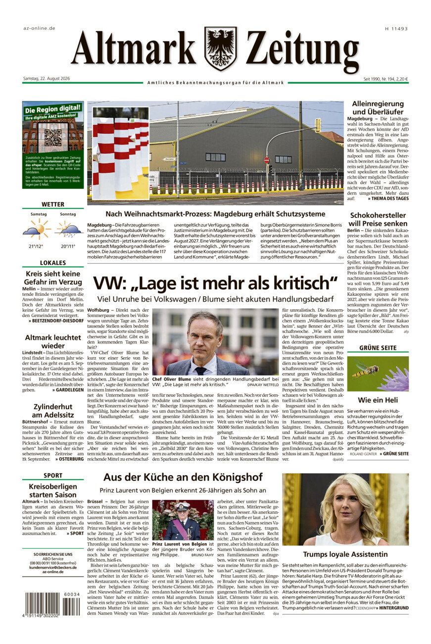Altmark Zeitung vom Samstag, 22.08.2026