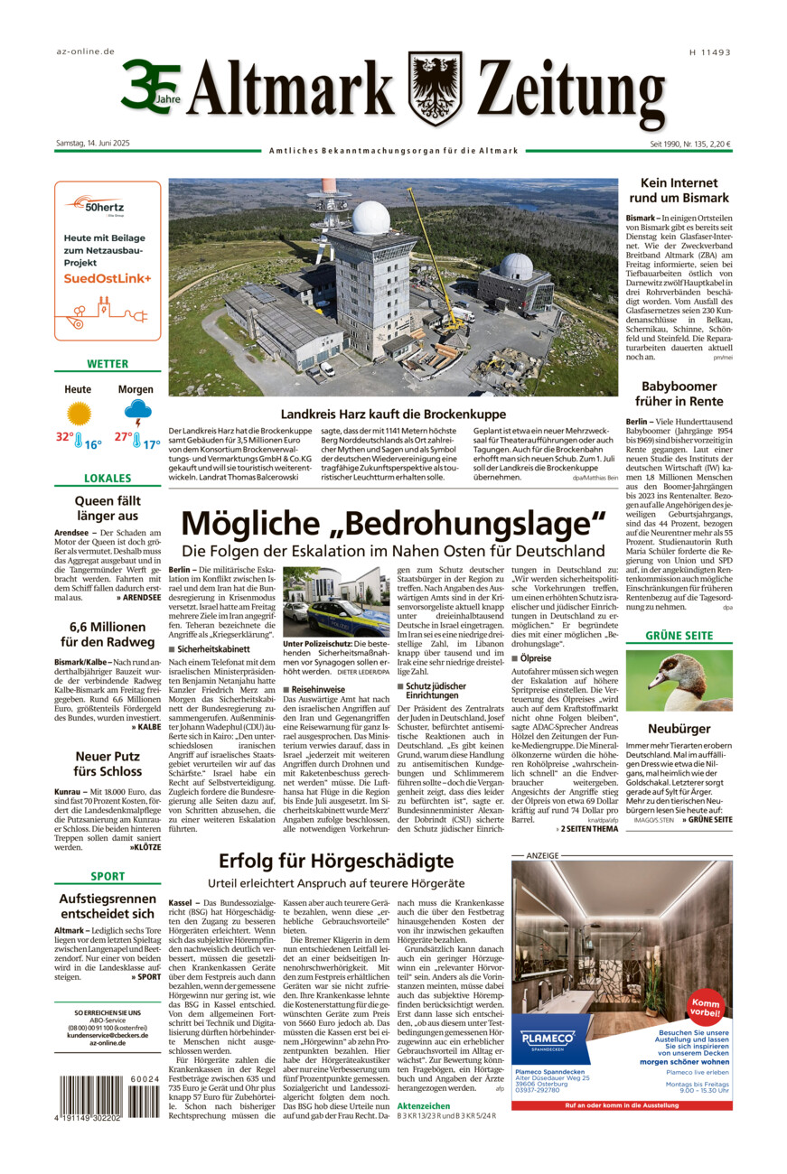 Altmark Zeitung vom Samstag, 14.06.2025